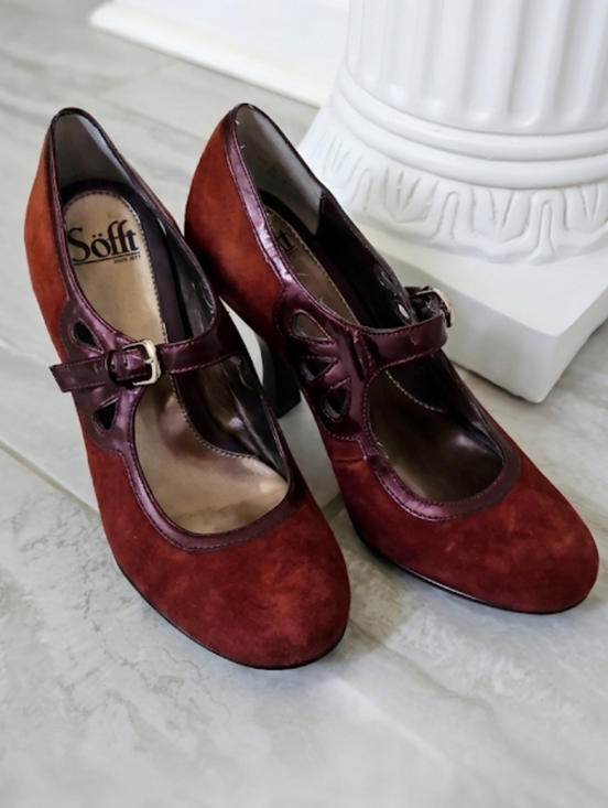 Sofft Shoes - Sofft Burgundy Suede Mary Jane Heels Buckle Strap Pumps Vintage Style 7.5